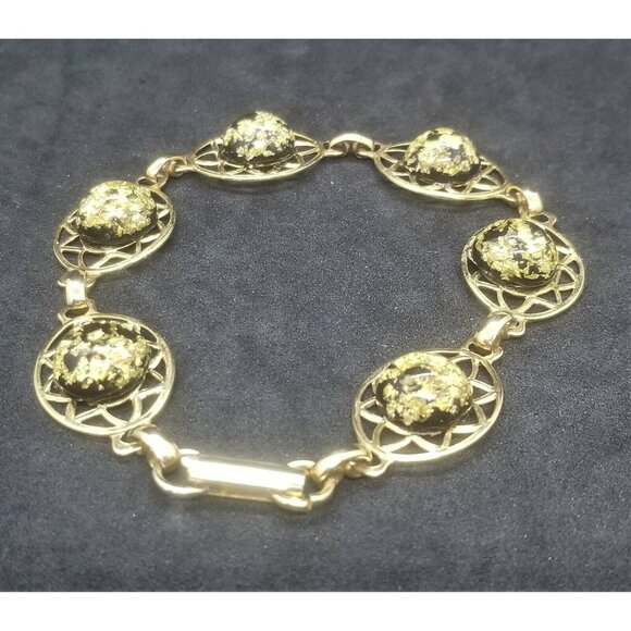 Vintage 50's 60's Black and Gold Metallic Foil Confetti Plastic Lucite Cabochon - Picture 3 of 6